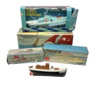 Five model boats - Sutcliffe clockwork Tiger Speedboat; boxed; Motor Sailor battery operated yacht;