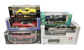 Five Anson 1:18 scale models - limited edition Cadillac Escalade 2002; Dodge Ram 3500; 1963 Ford Thu