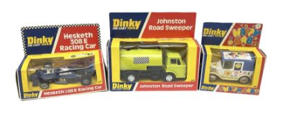 Dinky - Johnston Road Sweeper No.449; Hesketh 308E Racing Car No.222; and Happy Cab No.120; all in u