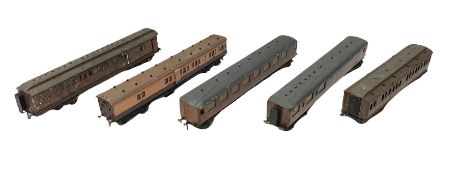 '0' gauge - four early 20th century scratch-built wooden and metal large teak effect passenger coach
