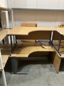 Pair of left hand return beech and oak effect office desks. - THIS LOT IS TO BE COLLECTED BY APPOINT