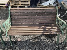 Two seat metal and wood slatted garden bench