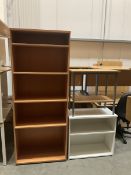 Beech effect table and bookcase with white open front storage cabinet. - THIS LOT IS TO BE COLLECTED