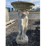 Composite stone garden bird bath of three maidens