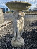 Composite stone garden bird bath of three maidens