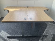 Pair of left hand return and single right hand return oak effect office desks. - THIS LOT IS TO BE C