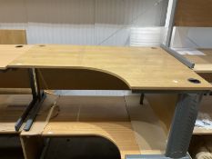 Pair of right hand return oak effect office desks . - THIS LOT IS TO BE COLLECTED BY APPOINTMENT FRO