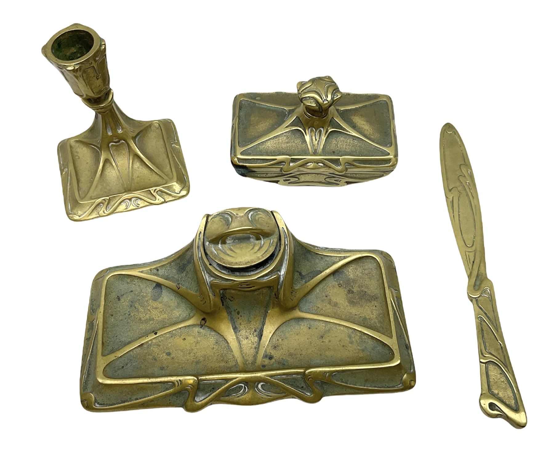 19th century French Art Nouveau gilt bronze four piece desk set by Guenardeau