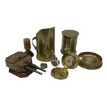 Quantity of brass trench art to include a WWI shell case in the form of a miniature coal scuttle wit