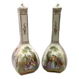 Pair of Dresden square section bottle shaped vases and covers