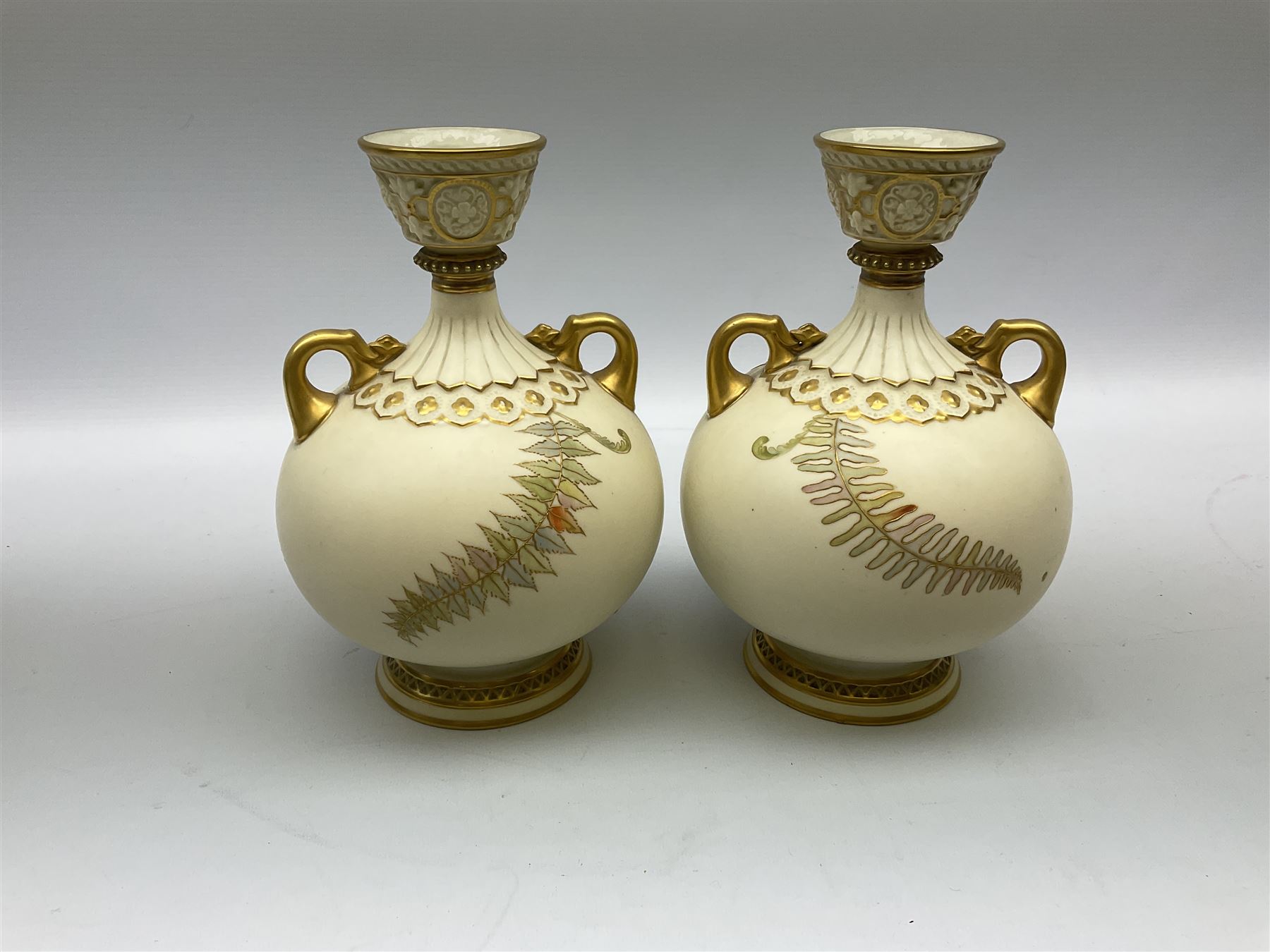 Pair of Royal Worcester ivory twin handled vases of baluster form - Image 4 of 4