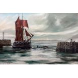 Peter Gerald Baker (British 20th century): Fishing Boat and Ship in Full Sail at Whitby Harbour