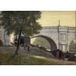 F Schwab (19th/20th century): City Bridge with Workmen by the Riverside