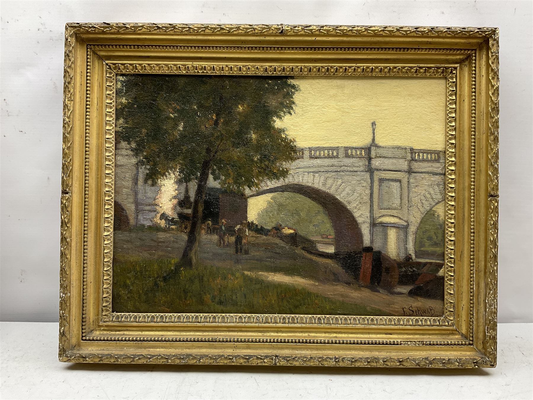 F Schwab (19th/20th century): City Bridge with Workmen by the Riverside - Image 2 of 4