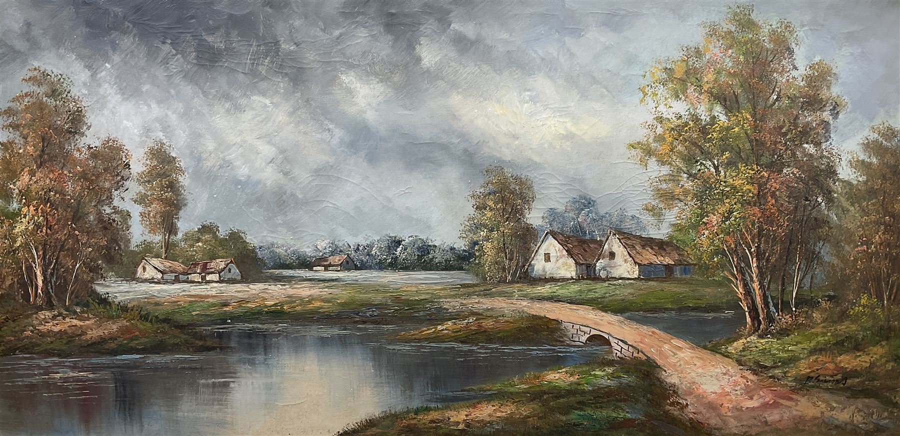 Continental School (20th century): River Landscape with Houses