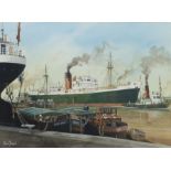 Adrian Thompson (British 1960-): Harbour Scene with Hull Fishing Vessels and Liverpool Ship