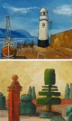 R A Brewer (East Yorkshire fl.1965-1973): Figures Unloading on the Pier beside a Lighthouse