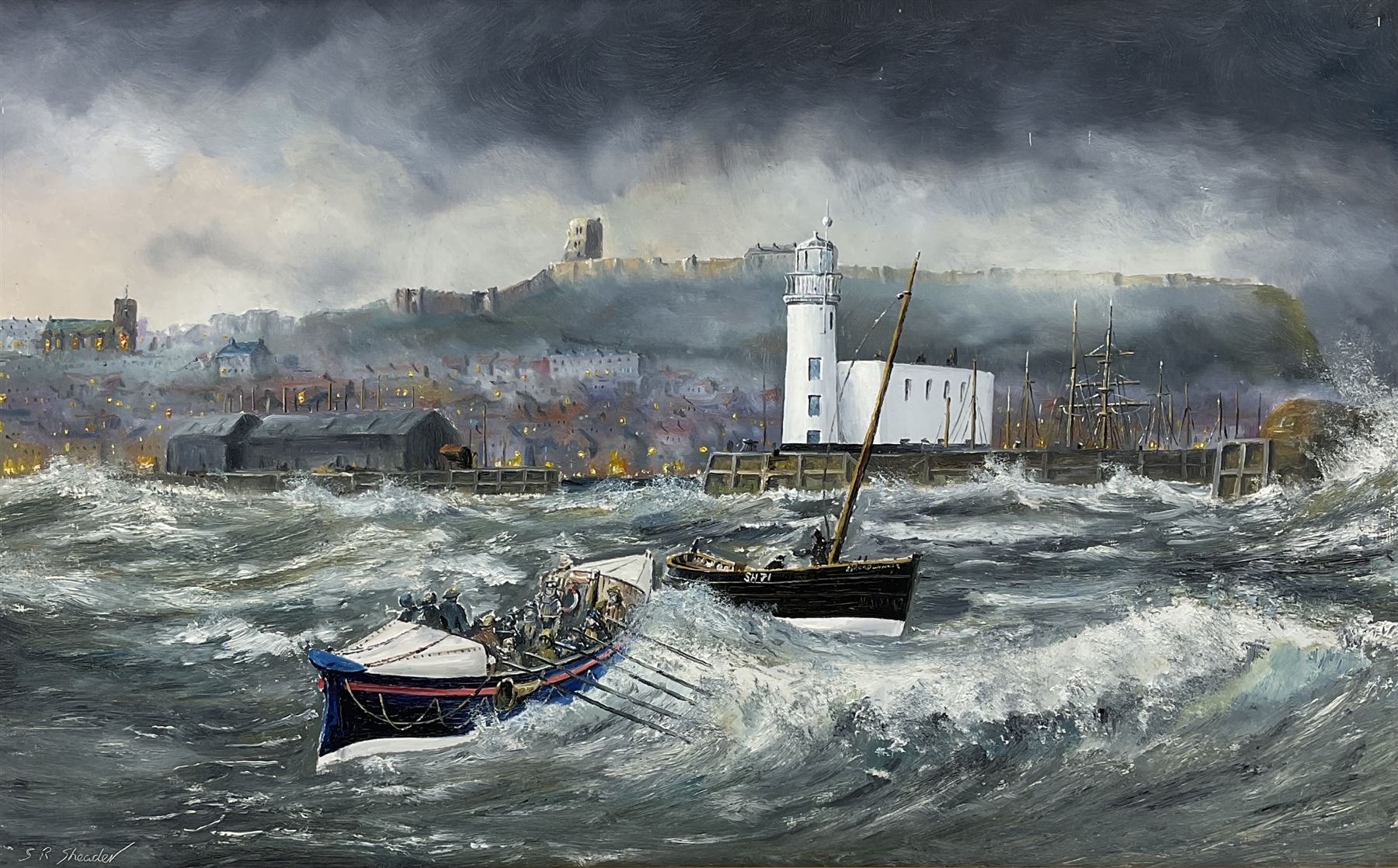 Robert Sheader (British 20th century): Scarborough Fishing Boats Leaving the Harbour