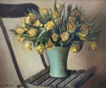 D Valentini (Continental 20th century): Still Life of Yellow Tulips on a Chair