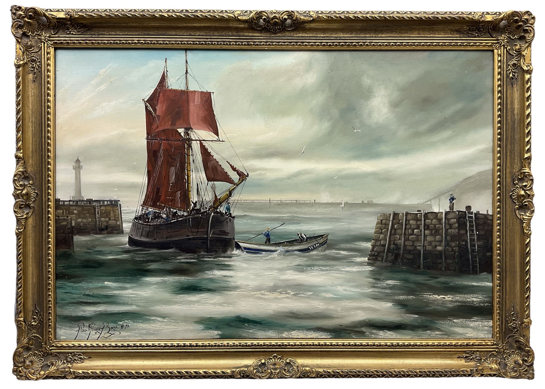 Peter Gerald Baker (British 20th century): Fishing Boat and Ship in Full Sail at Whitby Harbour - Image 2 of 4