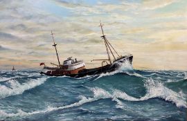 Harold E Towers (British 20th century): English Fishing Trawler at Dawn
