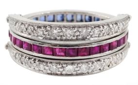 Early-mid 20th century 18ct white gold calibre cut sapphire and ruby and old cut diamond swivel ring