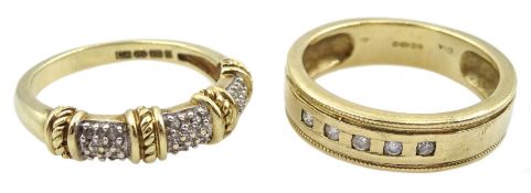 Gold five stone diamond ring and a gold pave set diamond ring