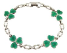 Silver guilloche green enamel shamrock link bracelet by Ward Brothers
