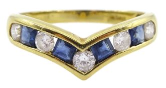 18ct gold channel set five stone round brilliant cut diamond and four stone princess cut sapphire wi