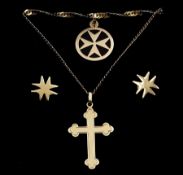 Pair of gold cross stud earrings and two gold cross pendant necklaces