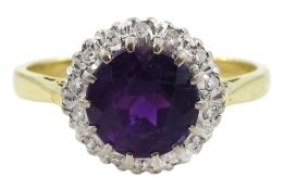 Gold round amethyst and diamond cluster ring