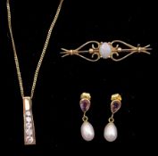 Pair of gold amethyst and pearl pendant stud earrings
