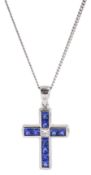 18ct white gold princess cut sapphire and diamond cross pendant necklace