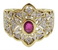 9ct gold oval ruby and pave set diamond chip