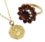 Gold garnet cluster ring and a gold St. Christopher's pendant necklace