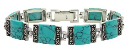 Silver turquoise and marcasite rectangle link bracelet