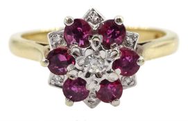 9ct gold round brilliant cut diamond and garnet cluster ring