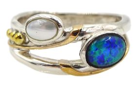 Silver and 14ct gold wire opal and pearl ring