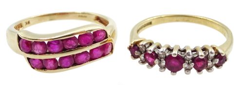 Gold two row ruby ring and a ruby and diamond ring