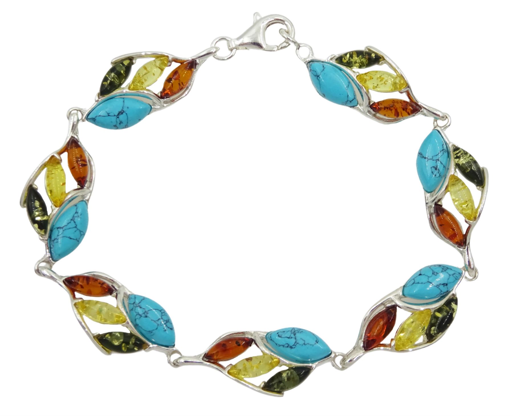 Silver turquoise and tri-colour Baltic amber bracelet