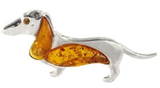 Silver Baltic amber Dachshund brooch with stone set eye