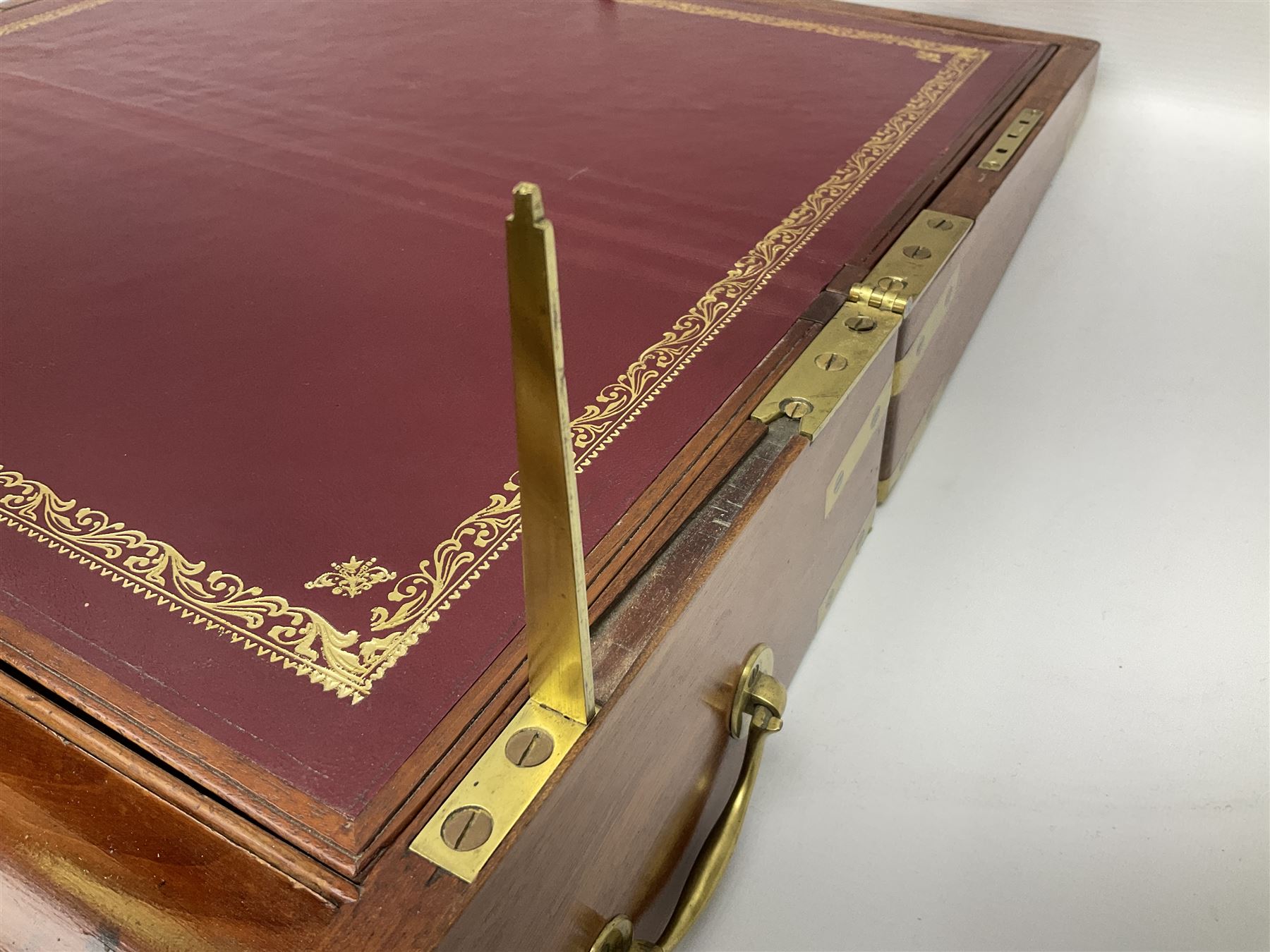 19th century mahogany and brass bound writing slope with twin drop carry handles to sides - Image 12 of 24