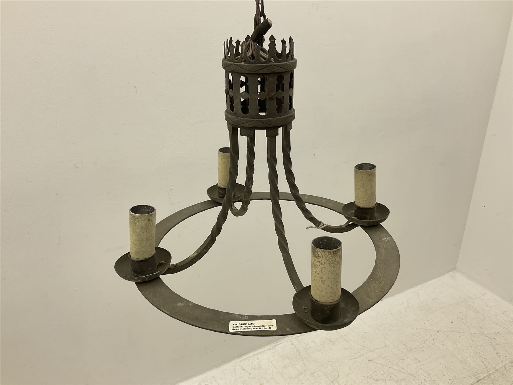 Gothic style iron chandelier with drip pans and twisted branches together with three matching twin w - Image 2 of 8