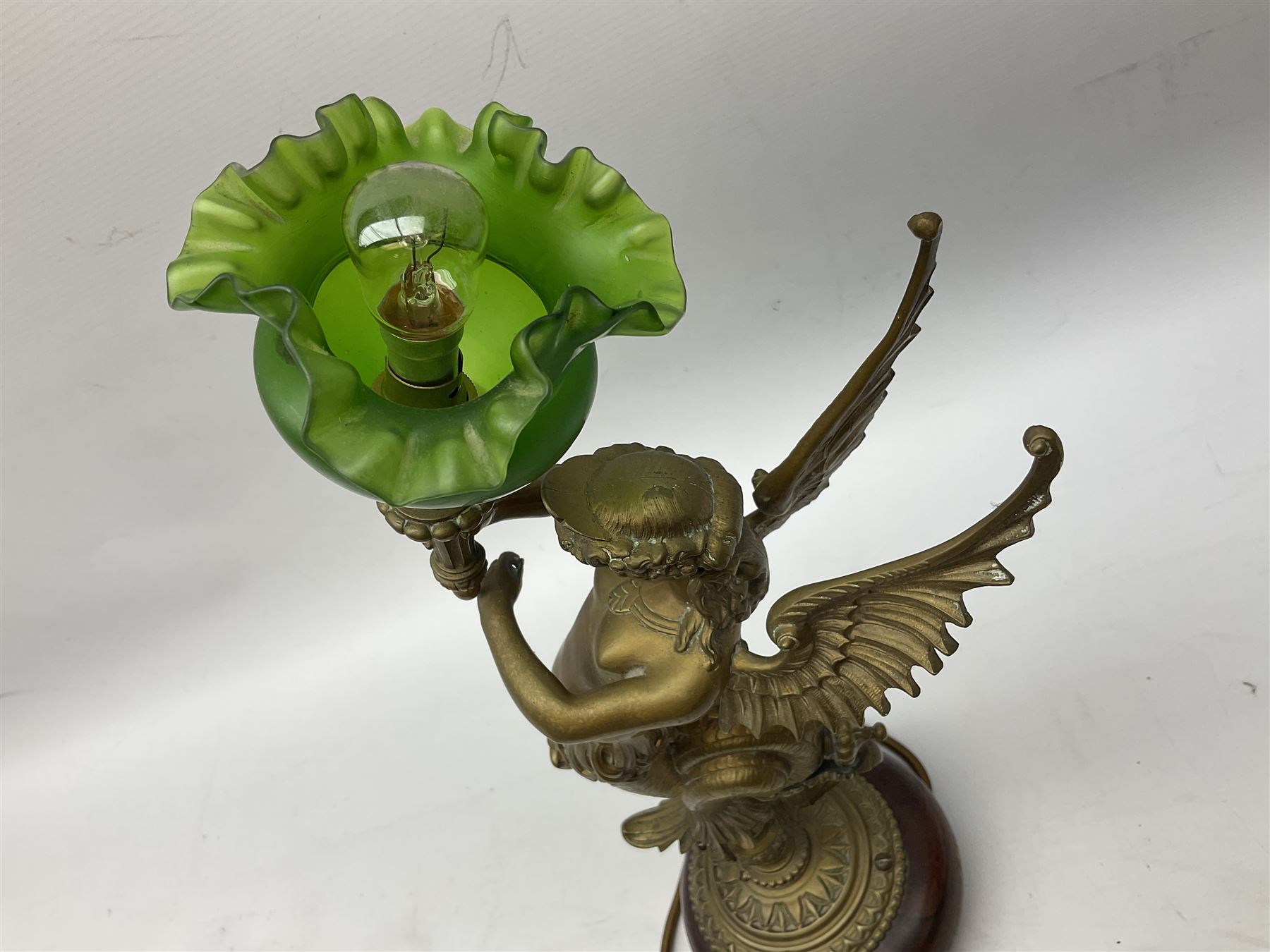 Victorian gilt bronze converted gas lamp in the form of mythical winged mermaid upon a circular oak - Image 2 of 5