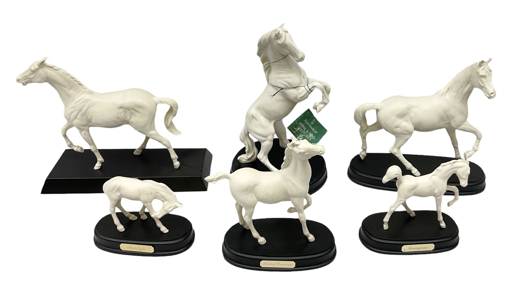 Six Royal Doulton horse figures in a matt finish on plinths