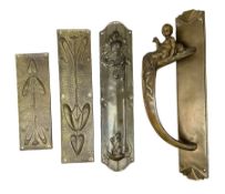 Art Nouveau bronze door handle modelled with a young merman holding a stylised fish