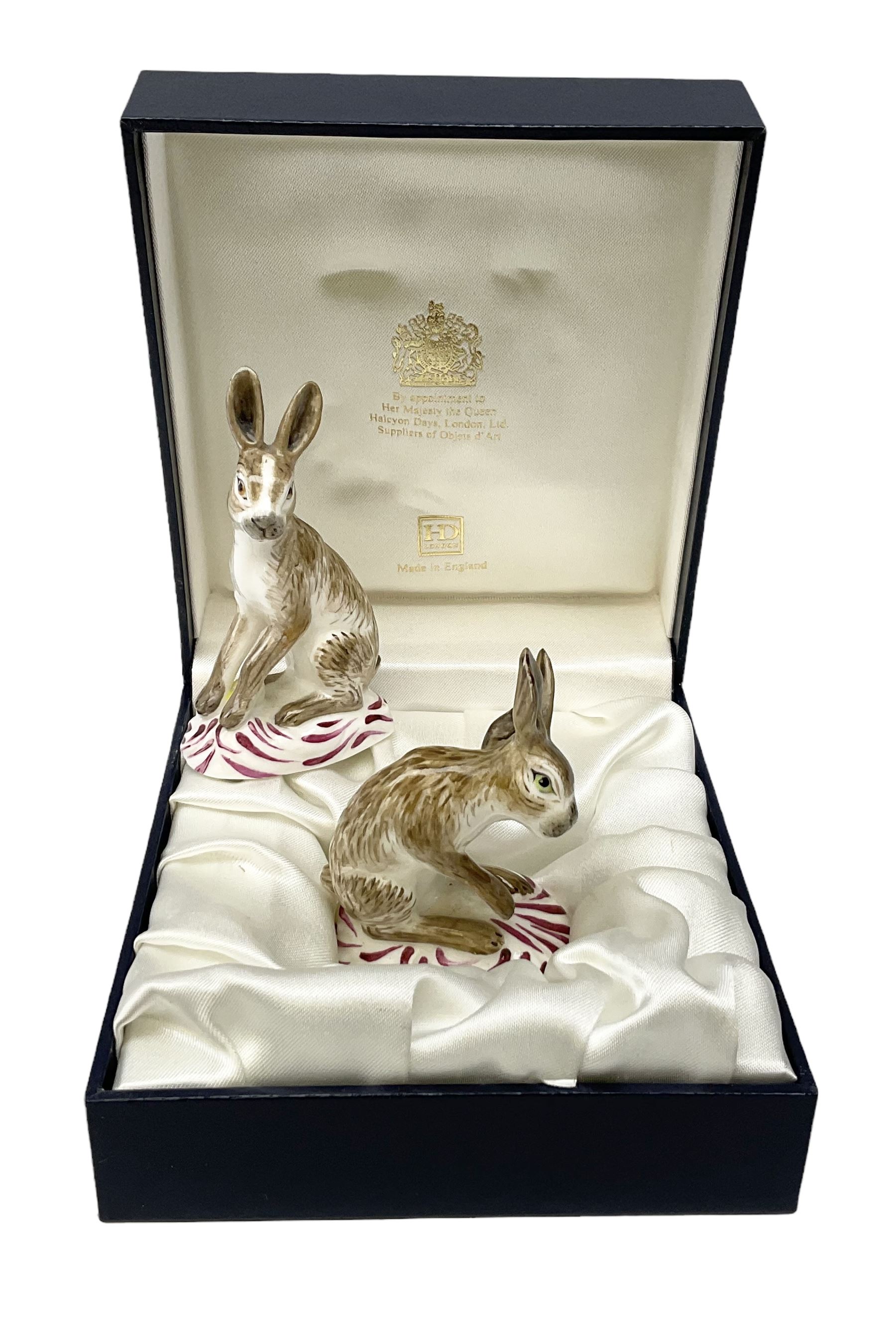 Two Halcyon Days porcelain figures of hares