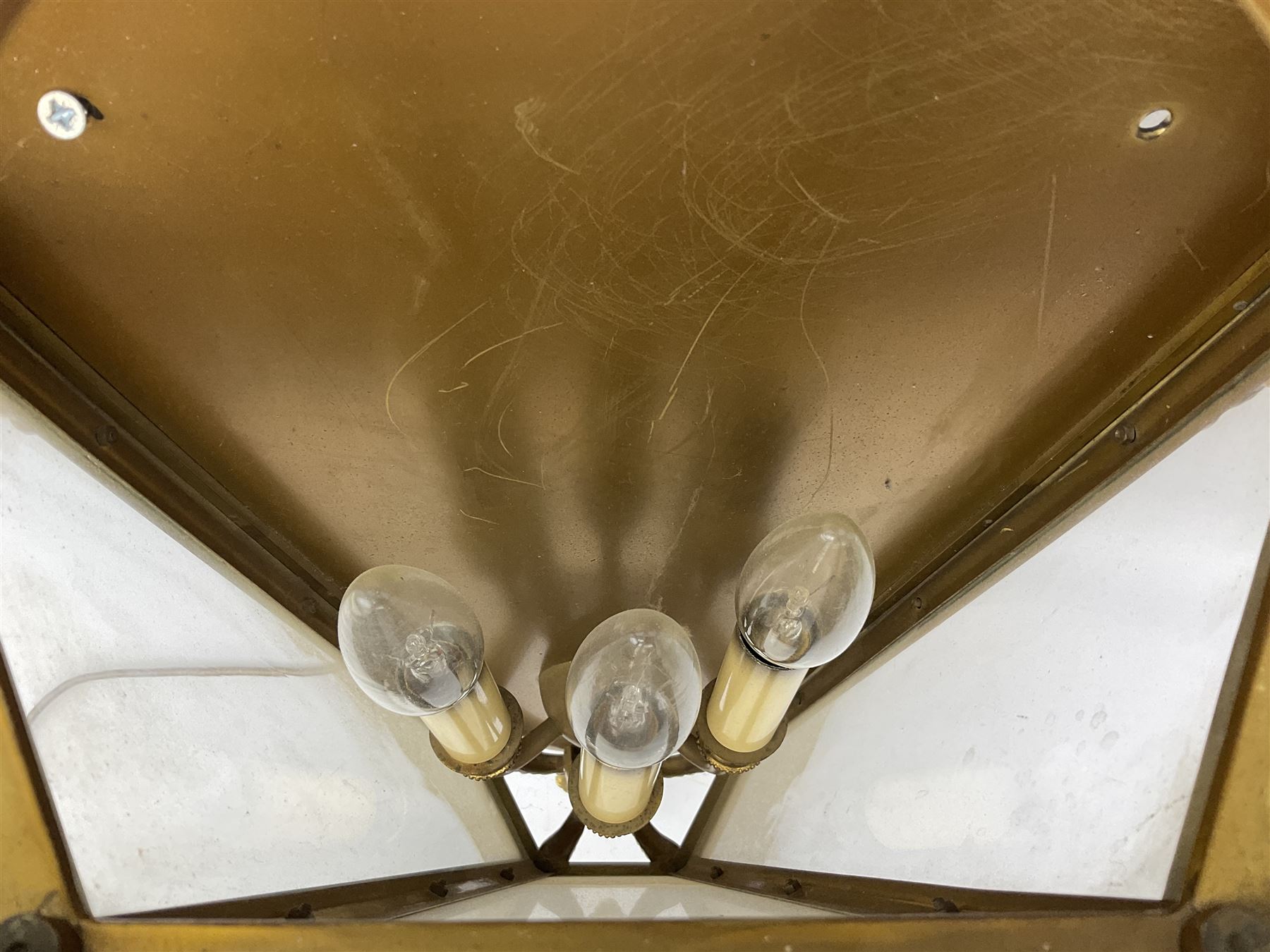 Brass and glass wall lantern of half hexagonal form and a three branch light fitting - Image 2 of 8