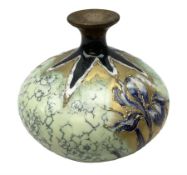 Turn Teplitz Bohemia vase of squat bulbous form body with gilt and hand painted flowers with a gilt