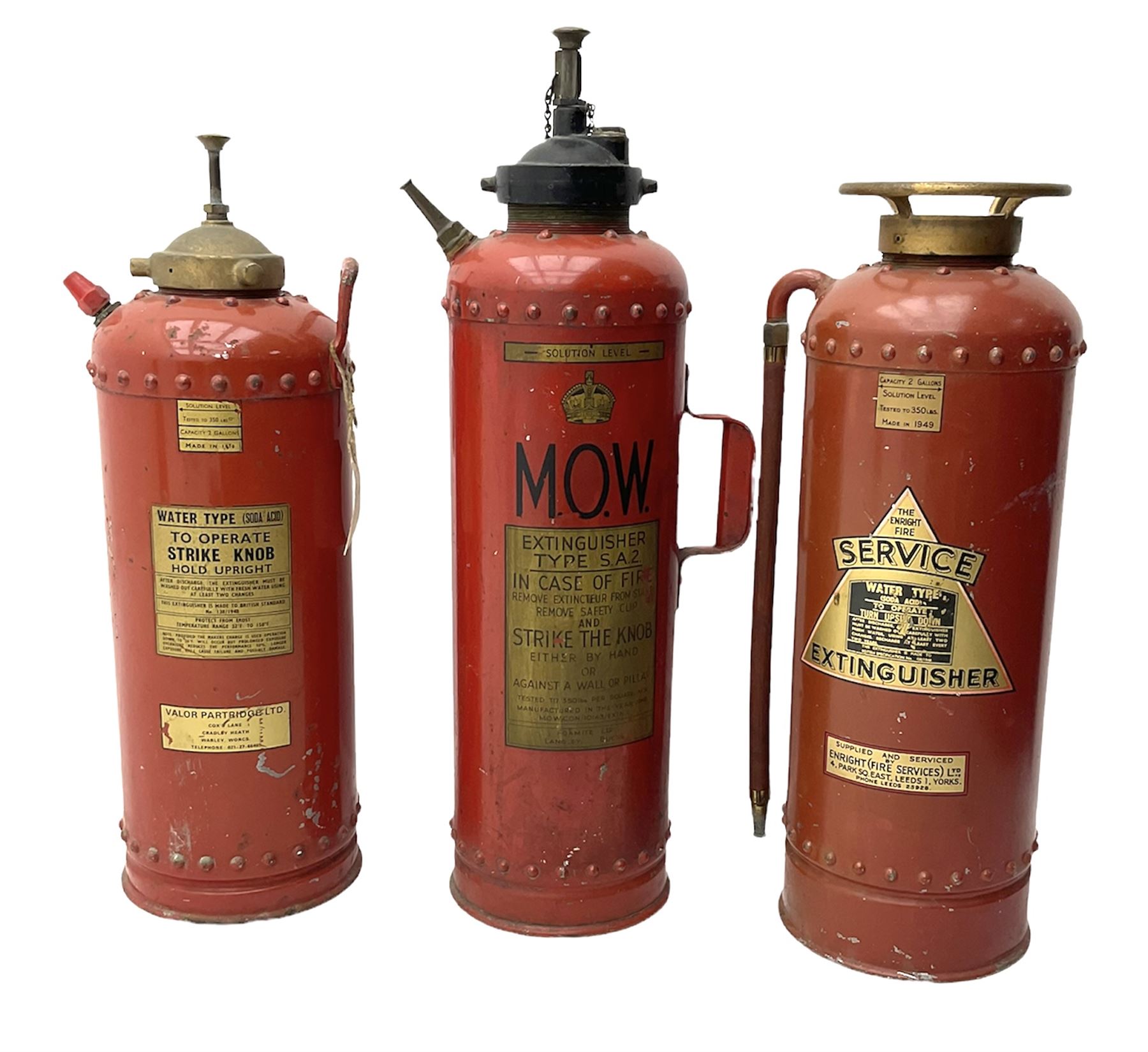 Three fire extinguishers to include an Enright Fire Services extinguisher dated 1949